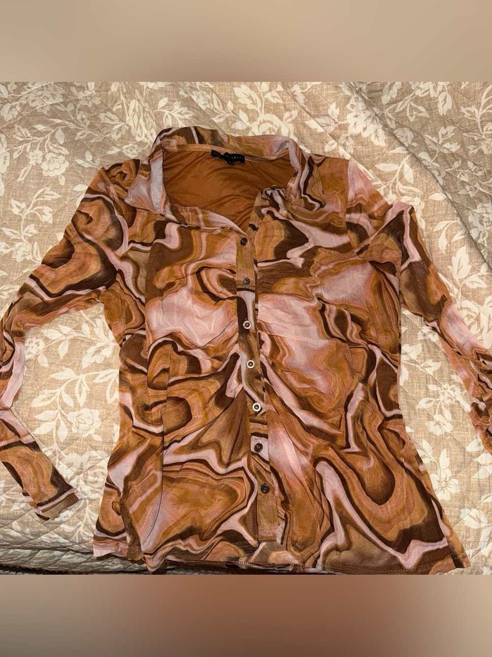 Wavy Marble-Print Sheer Button-Up Top in Brown and Beige